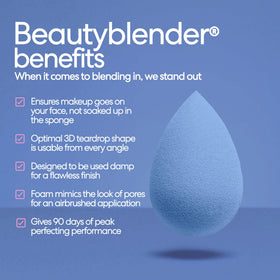 Beautyblender Denim in action blending foundation for even coverage.