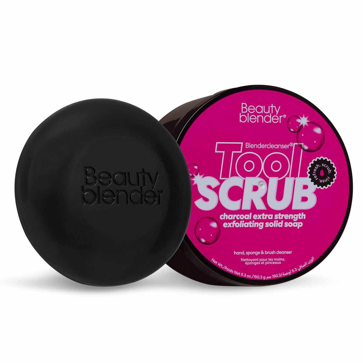 Beautyblender Tool Scrub Charcoal hand image shows deep tool cleansing