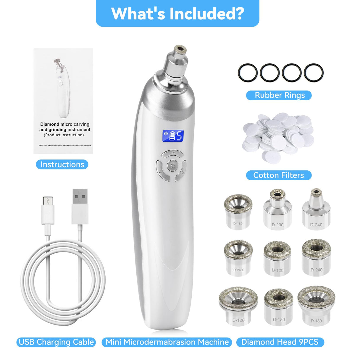 Beautycity kit includes nine diamond heads for various treatment needs.