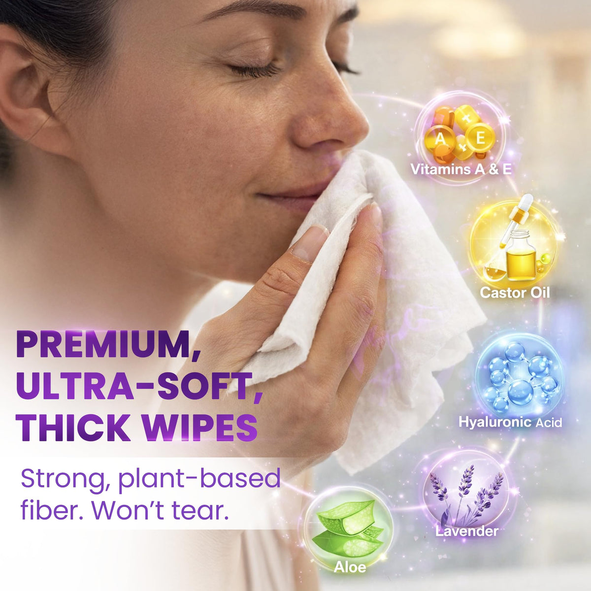 BeautyFrizz Lavender wipes with Aloe and Vitamin E for gentle care.