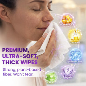 BeautyFrizz Lavender wipes with Aloe and Vitamin E for gentle care.