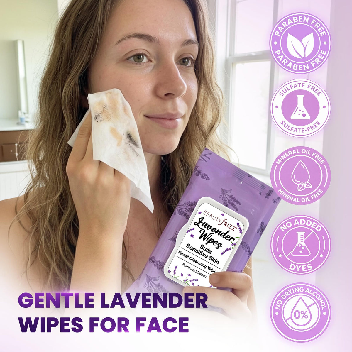 BeautyFrizz Lavender Face Wipes close-up texture for soft cleansing.