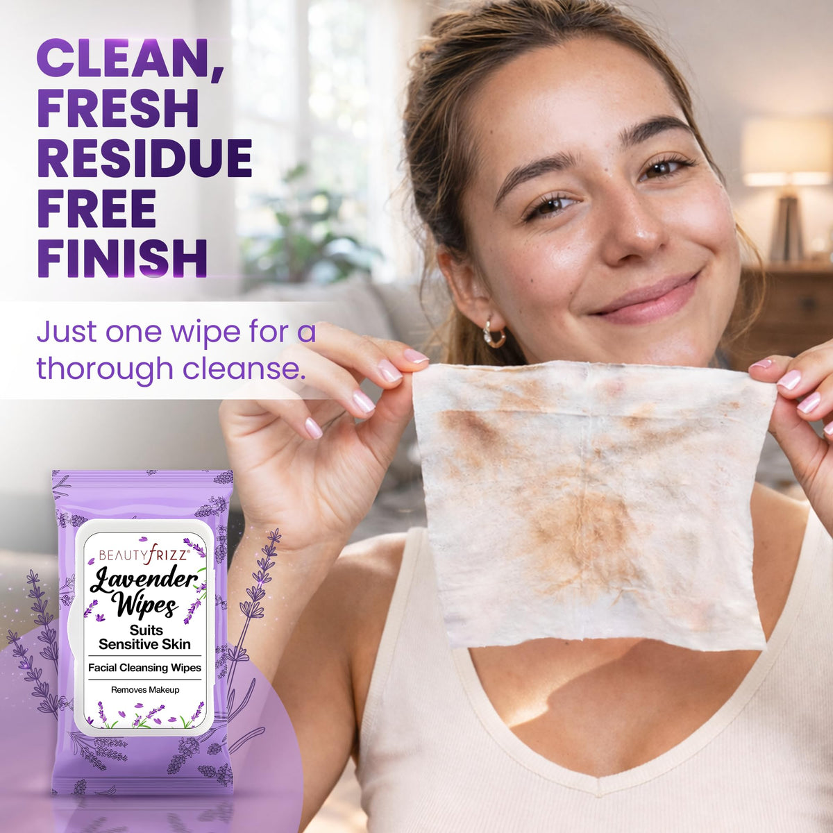 BeautyFrizz Lavender Face Wipes moisturizing formula with active ingredients.