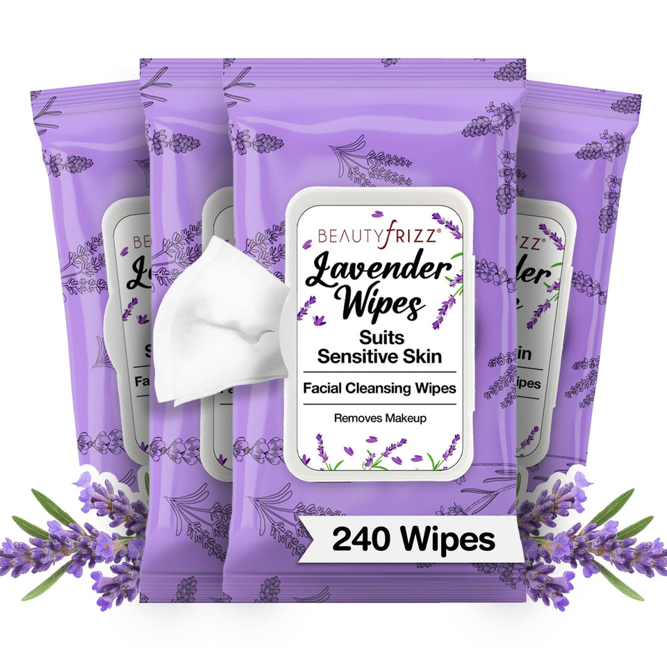 BeautyFrizz Lavender Face Wipes pack front view for convenient cleansing on the go.