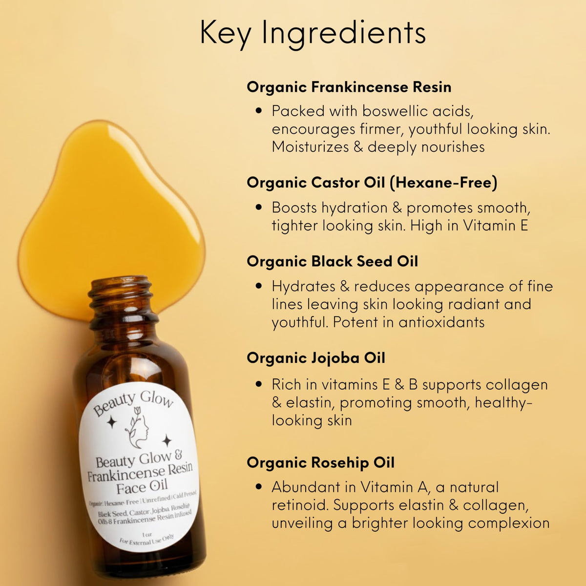 Beauty Glow Redemption ingredients showcase black seed, castor, jojoba, and rosehip oils nourishing skin