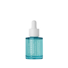 Beauty Pie Superdrops bottle close-up showcasing 30ml serum for brightening and calmer skin