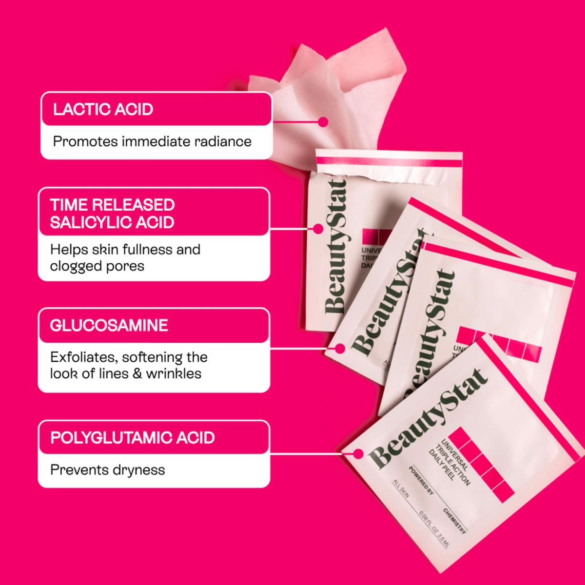 BeautyStat exfoliating pad on skin, emphasizing gentle daily exfoliation for smoother skin.
