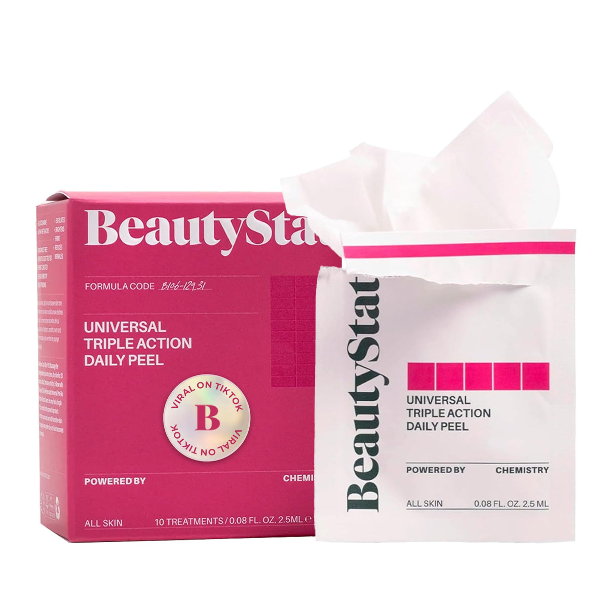 BeautyStat triple-action peel pad packaging close-up for quick daily exfoliation benefits.