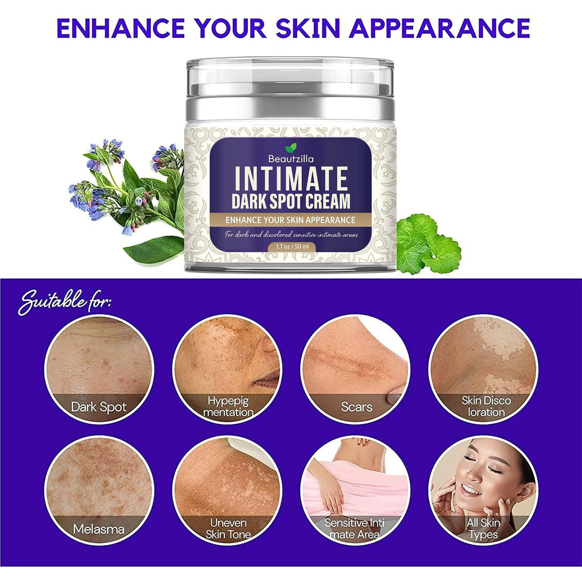 Hands applying Beautzilla cream for sensitive areas with gentle hydration