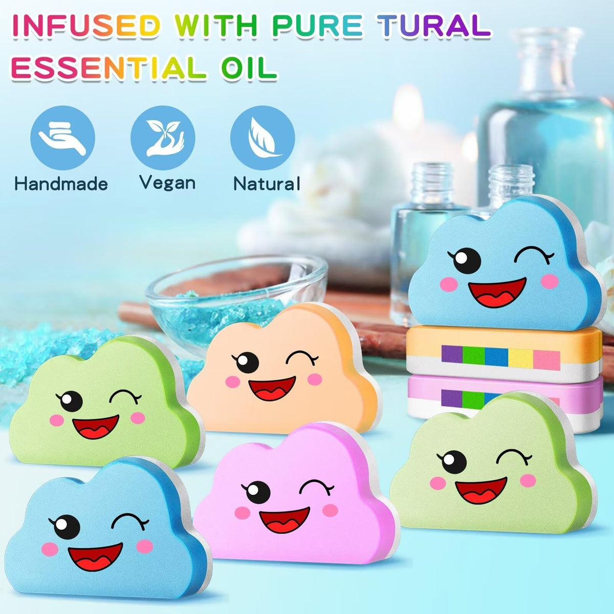 Beauwell kids bathbombs closeup showing colorful swirls