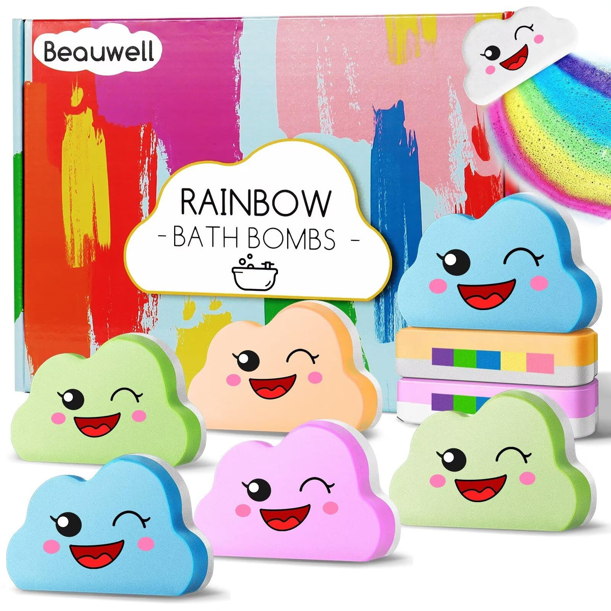 Beauwell Rainbow Bath Bombs pack with vibrant colors and fizz for kids