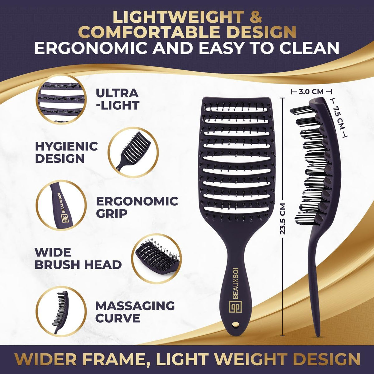 BEAUXSOI detangler brush with soft bristles eases knots without tears