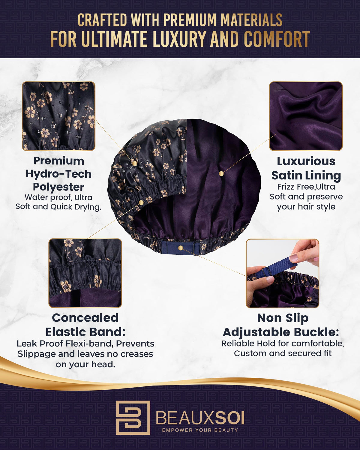 BEAUXSOI Fleur de Nuit shower cap easy care and daily durability