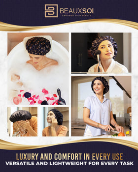 BEAUXSOI Fleur de Nuit shower cap protects hair during washing