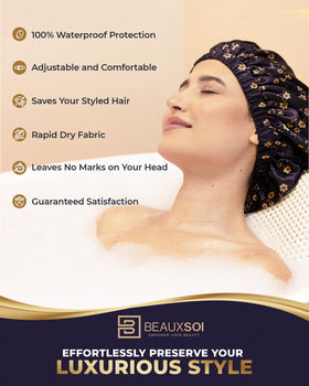 BEAUXSOI Fleur de Nuit shower cap snug fit for varied hair types