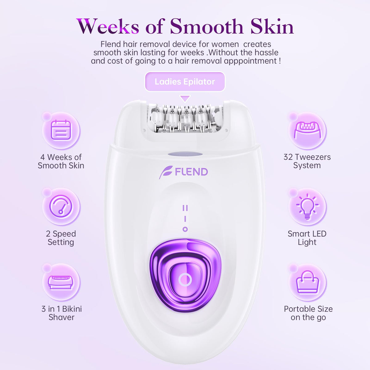 BEAUZMO epilator with 36 tweezers removes short hairs at the root.