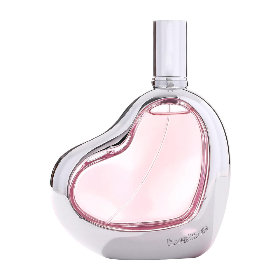 Bebe Silver bottle front view with sleek design for elegant vanity appeal.