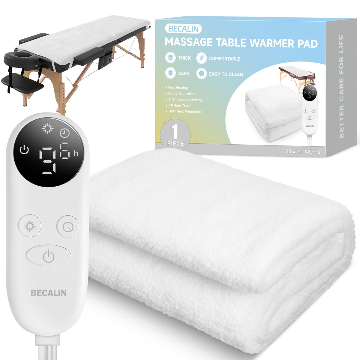 BECALIN massage table warmer pad delivers even heat across the table surface for client comfort.