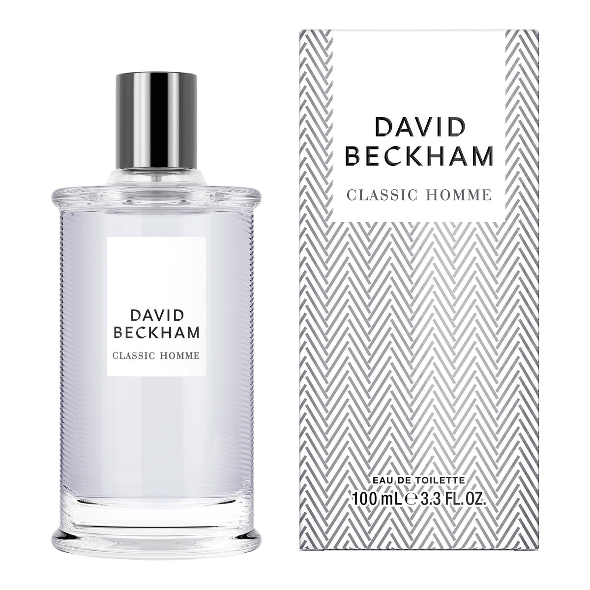 Beckham Classic Homme bottle side profile shows a sleek masculine design.