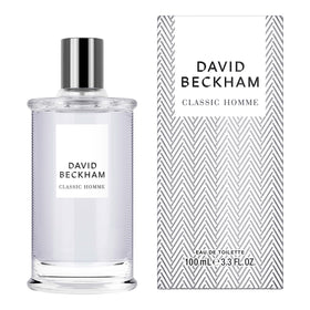 Beckham Classic Homme bottle side profile shows a sleek masculine design.