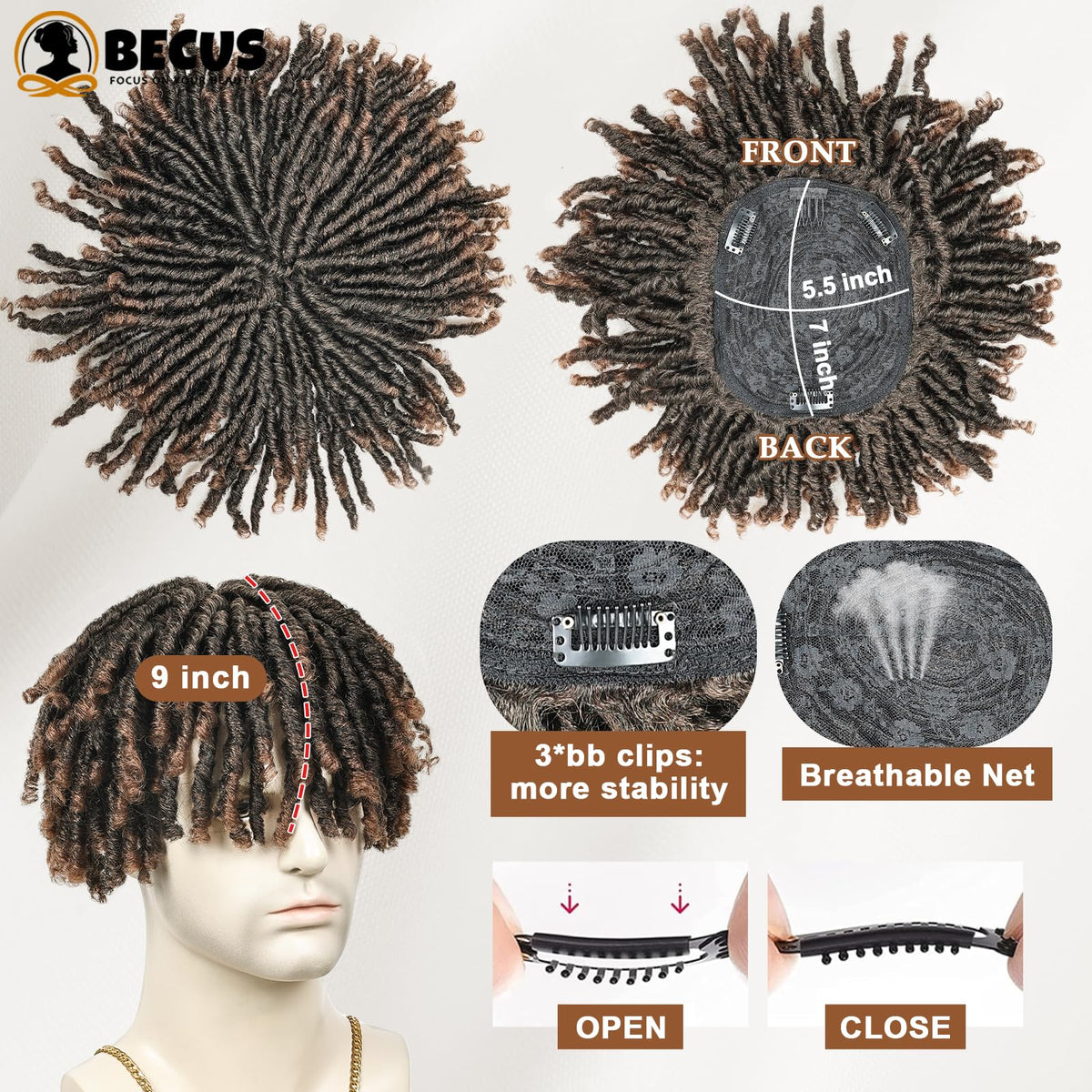 BECUS dreadlock topper brown bangs daily wear showcasing clip-in ease.