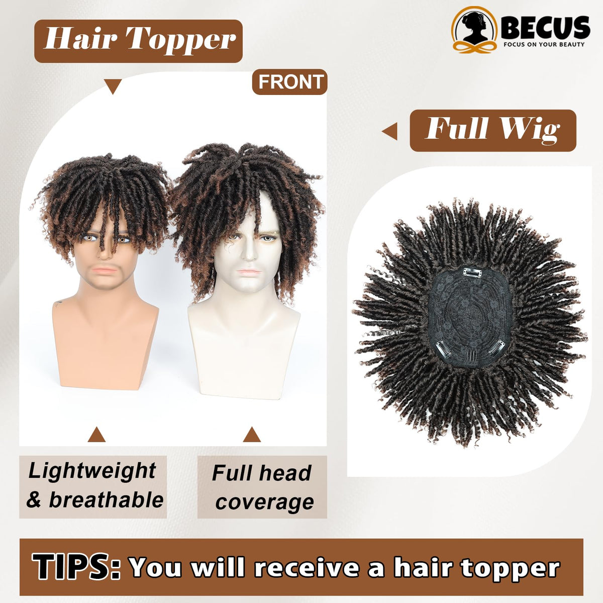 BECUS dreadlock topper brown braided dreads clip-in demonstrates instant transformation.