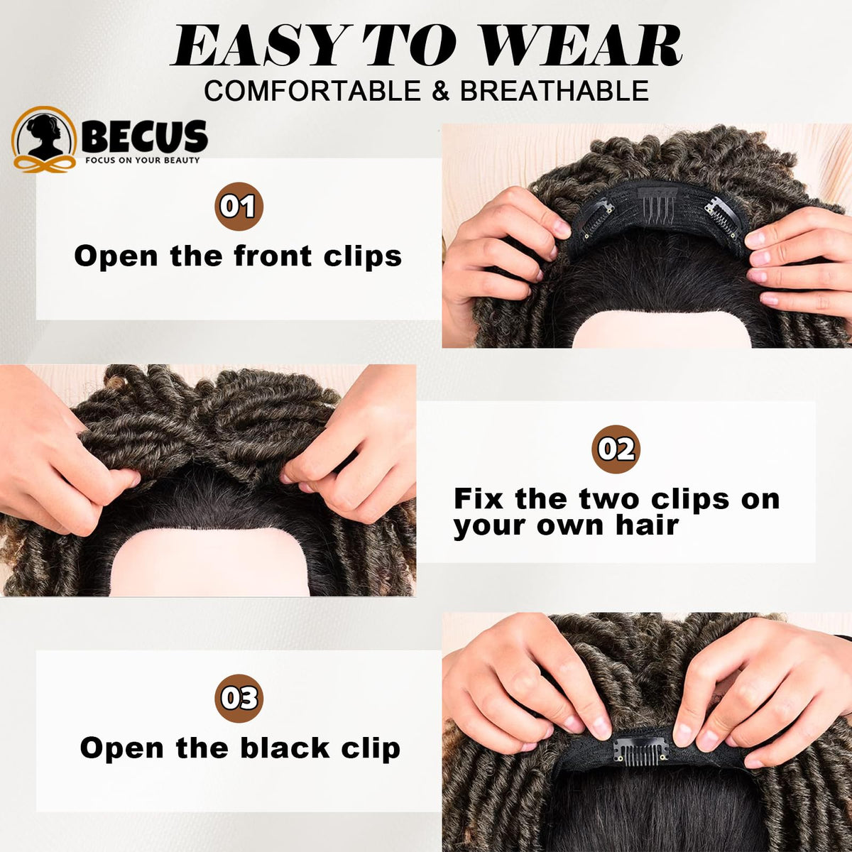 BECUS dreadlock topper brown clip-in setup ready for events and cosplay.