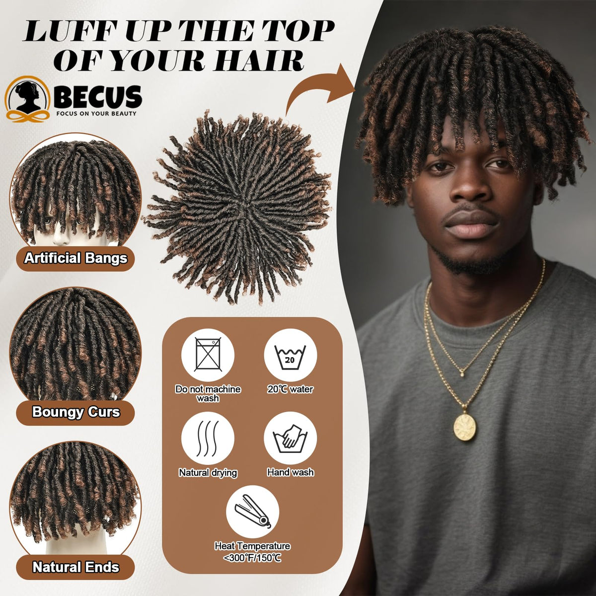 BECUS brown heat-resistant fibers offer trim-to-fit customization.