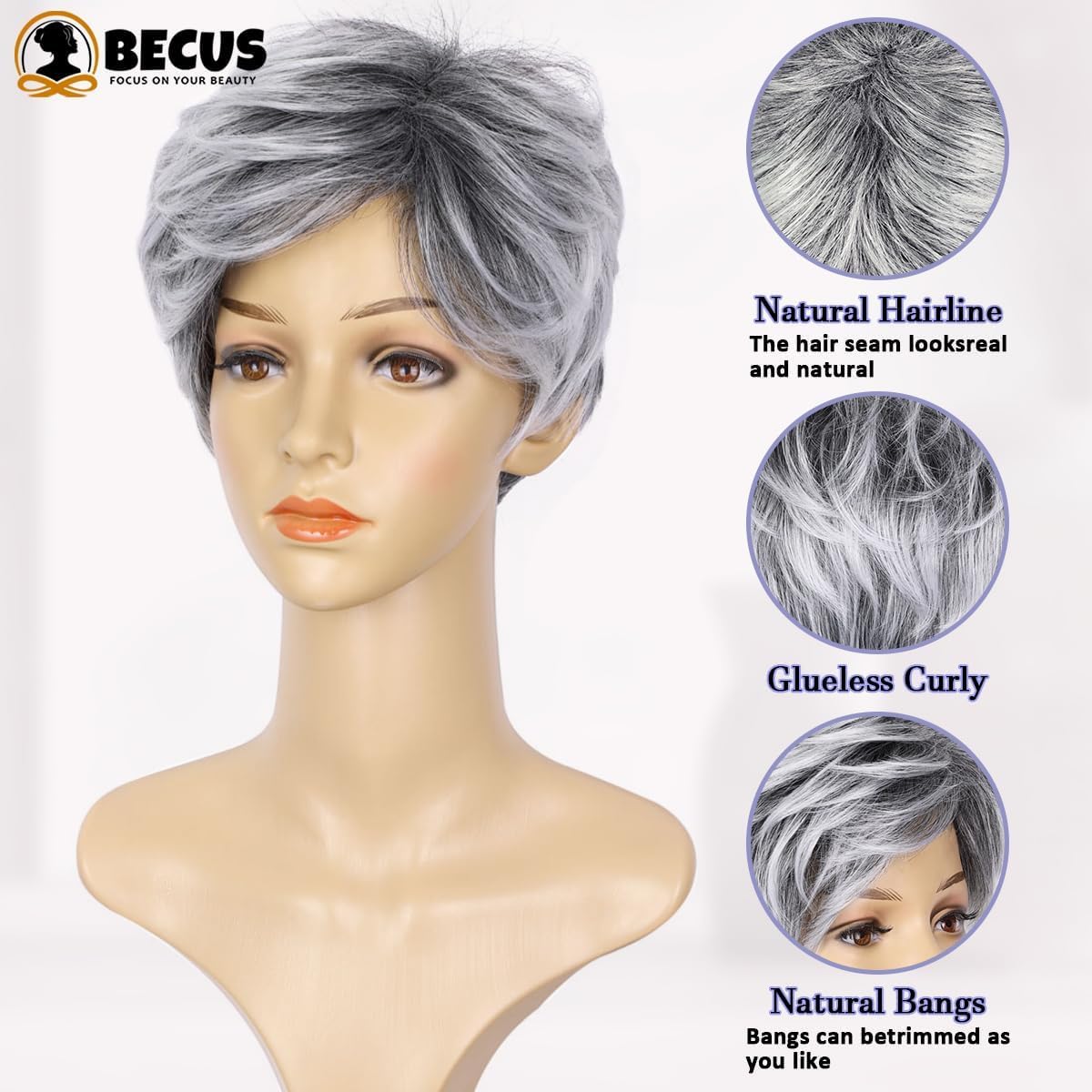 BECUS Gray Pixie Cut Wig cap construction highlights breathable comfort and adjustable fit
