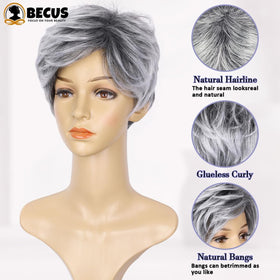 BECUS Gray Pixie Cut Wig cap construction highlights breathable comfort and adjustable fit