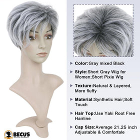 BECUS Gray Pixie Cut Wig ideal for daily use or Halloween and cosplay