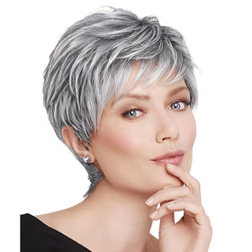 BECUS Gray Pixie Cut Wig front view shows natural salt-and-pepper texture for daily wear
