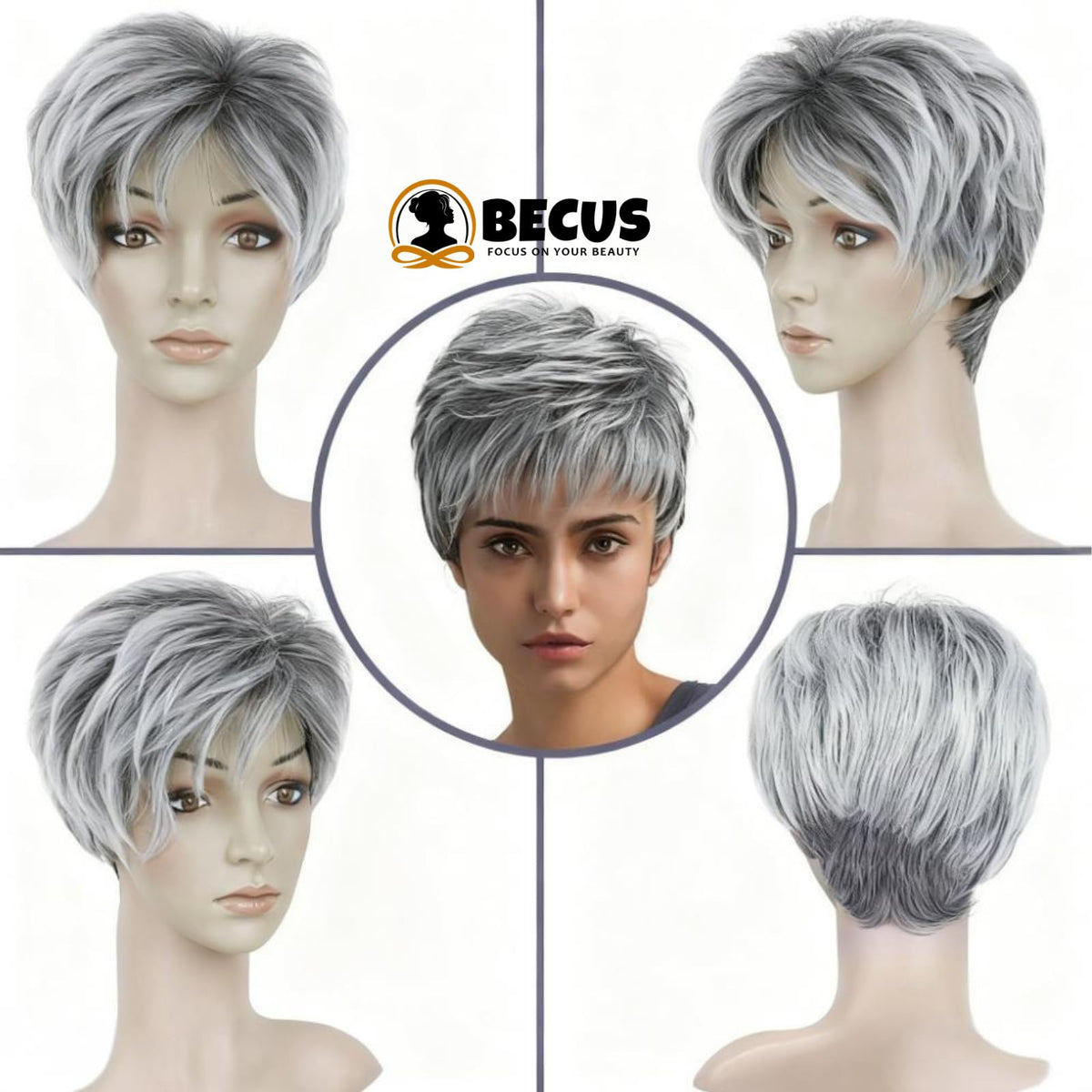 BECUS Gray Pixie Cut Wig side view highlights layered volume for casual or cosplay styles