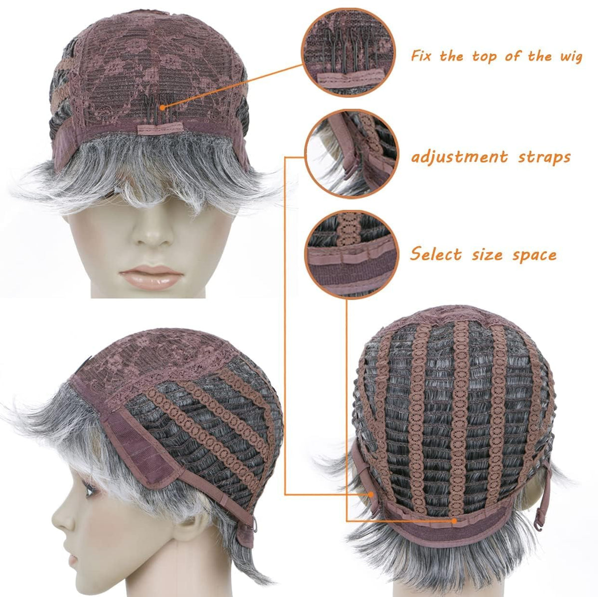 BECUS Gray Pixie Cut Wig volume closeup shows soft fibers and realistic blend
