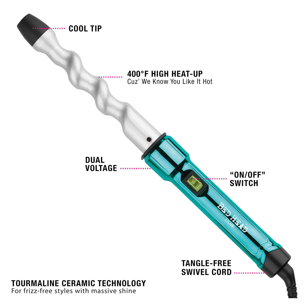 Bed Head Curlipops heat protection glove included for safer styling.