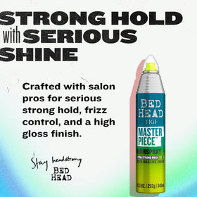 Bed Head Masterpiece bottle side view highlights a sturdy design for salon-grade hold.
