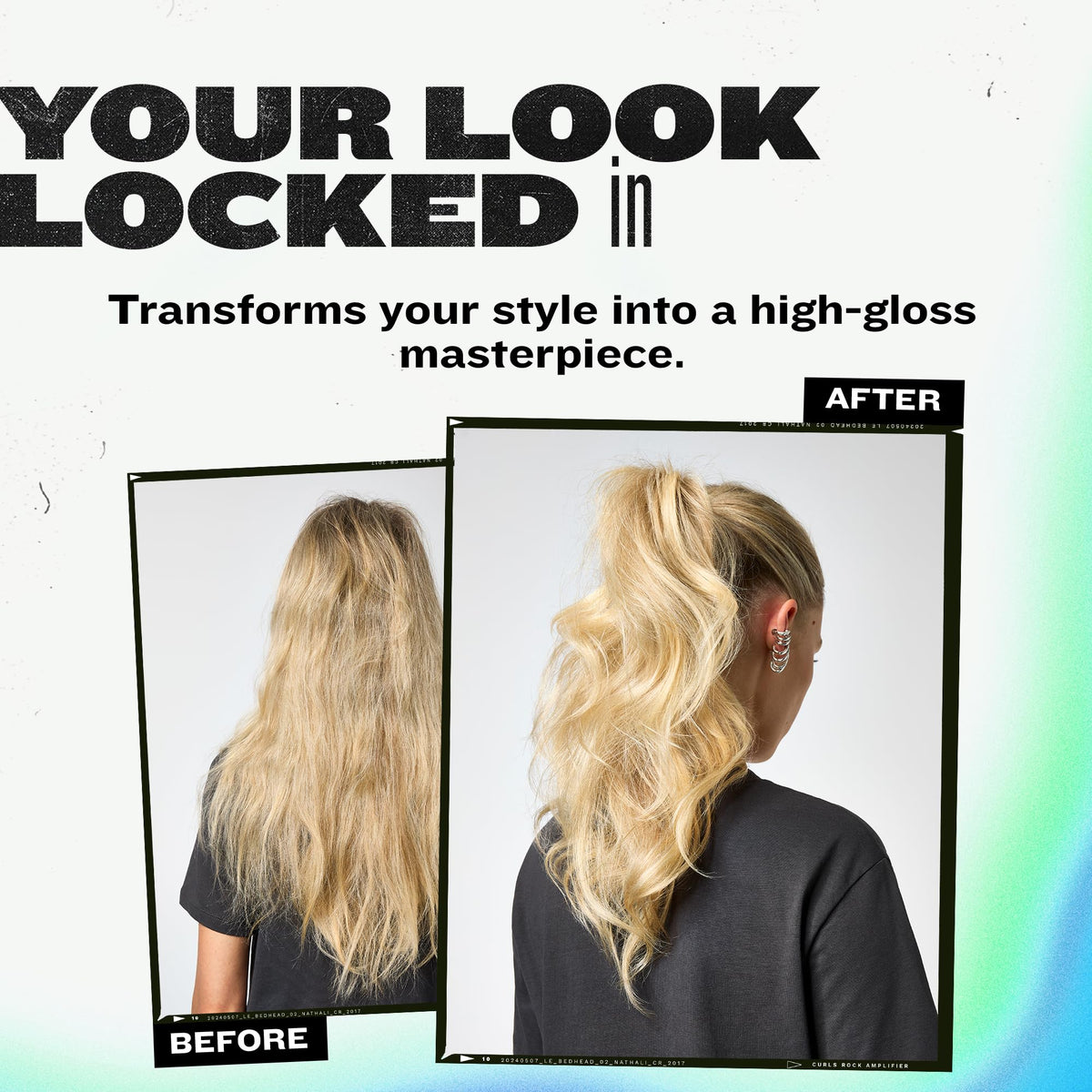 Bed Head Masterpiece glossy finish closeup reveals radiant shine on hair.