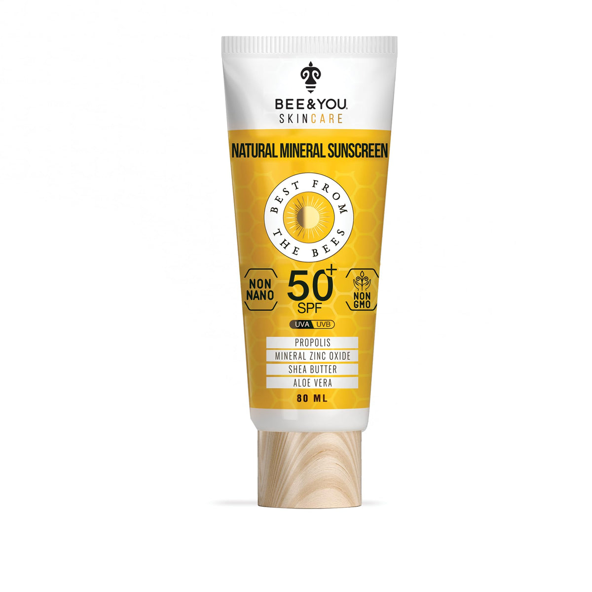Bee & You Mineral Body Sunscreen bottle with SPF 50 and reef-safe zinc oxide.