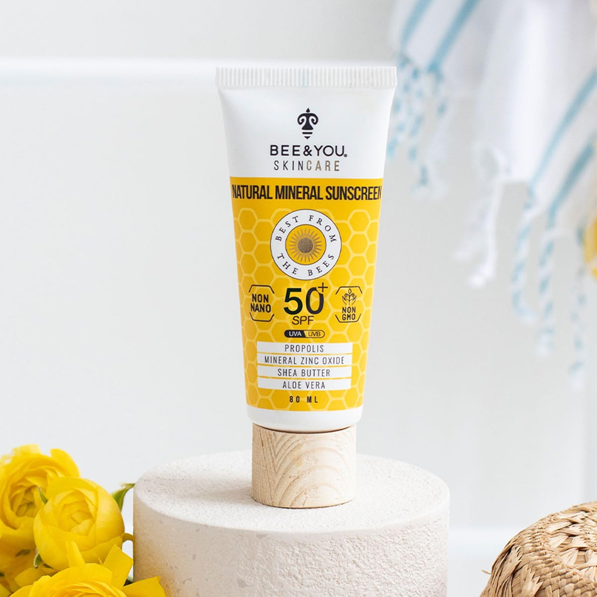 Water splash demonstrating Bee & You sunscreen's extended protection during swimming.