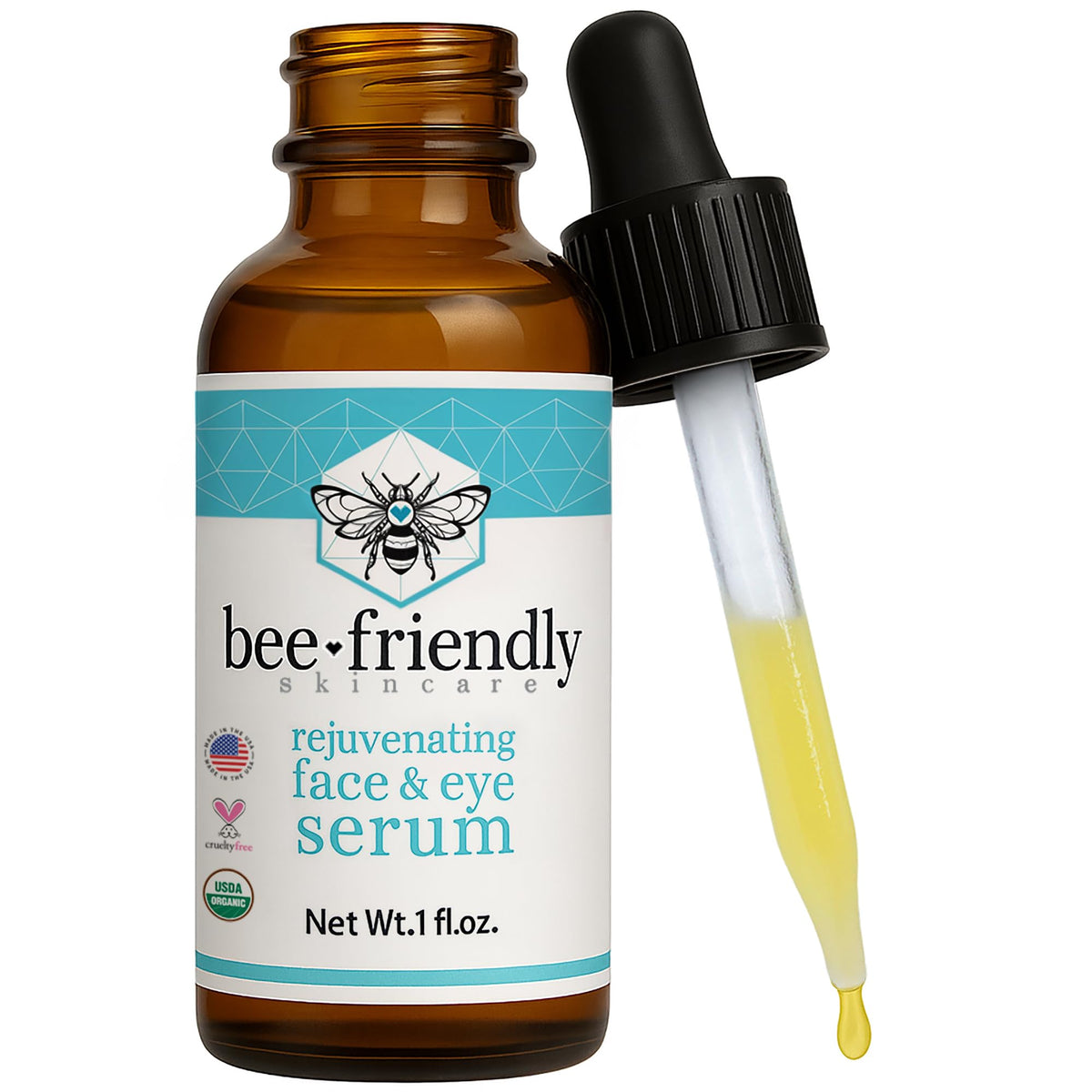 BeeFriendly organic face and eye serum bottle with natural ingredients to hydrate and refresh skin.