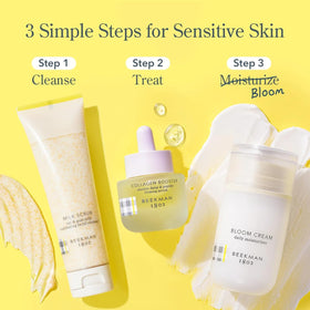 Beekman 1802 Bloom Cream on bathroom shelf beside towel.