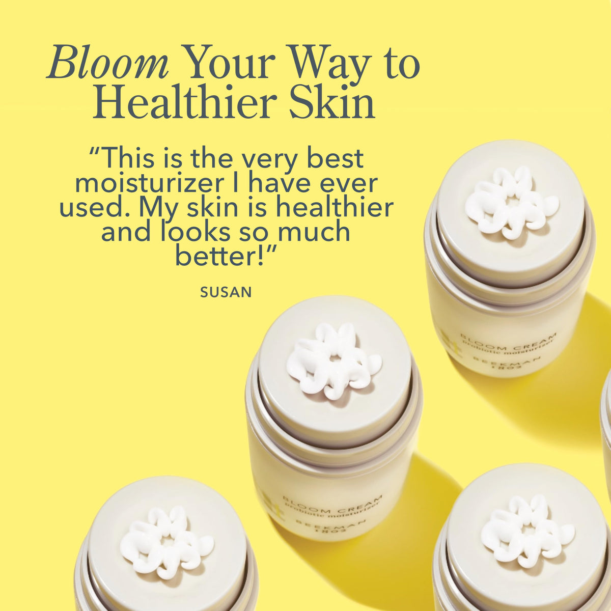 Close-up of Beekman 1802 Bloom Cream label highlights goat milk formulas.
