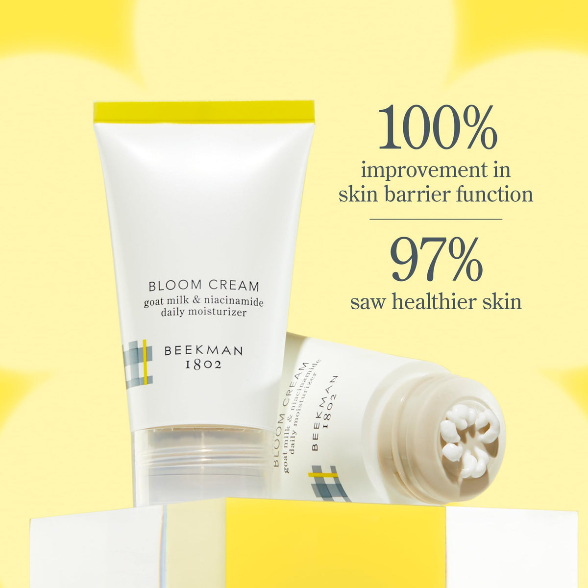 Beekman 1802 Bloom Cream packaging on shelf emphasizes cruelty-free, clean beauty.