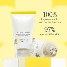 Beekman 1802 Bloom Cream packaging on shelf emphasizes cruelty-free, clean beauty.