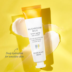Beekman 1802 eye cream texture closeup reveals creamy, fragrance-free formula.