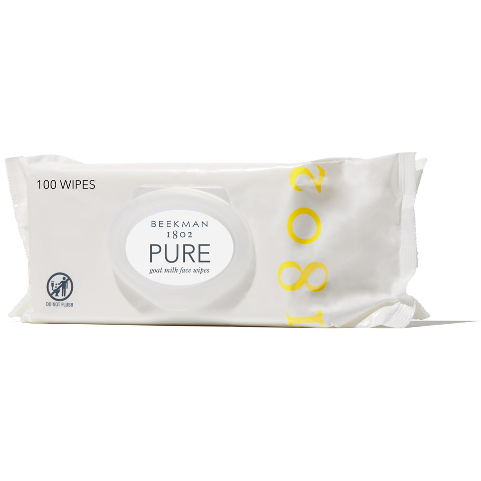 Beekman 1802 Face Wipes packaging close-up highlighting fragrance-free formula