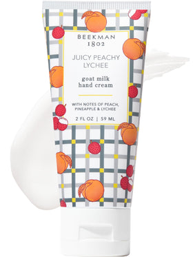 Beekman 1802 goat milk hand cream jar with juicy peachy lychee scent for dry skin relief