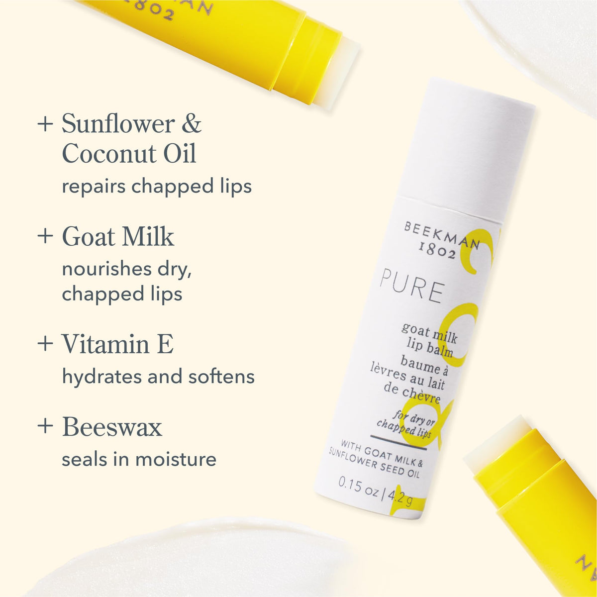Beekman 1802 Goat Milk Lip Balm applied on lips for smooth moisture.