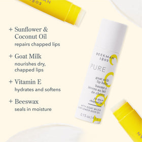 Beekman 1802 Goat Milk Lip Balm applied on lips for smooth moisture.