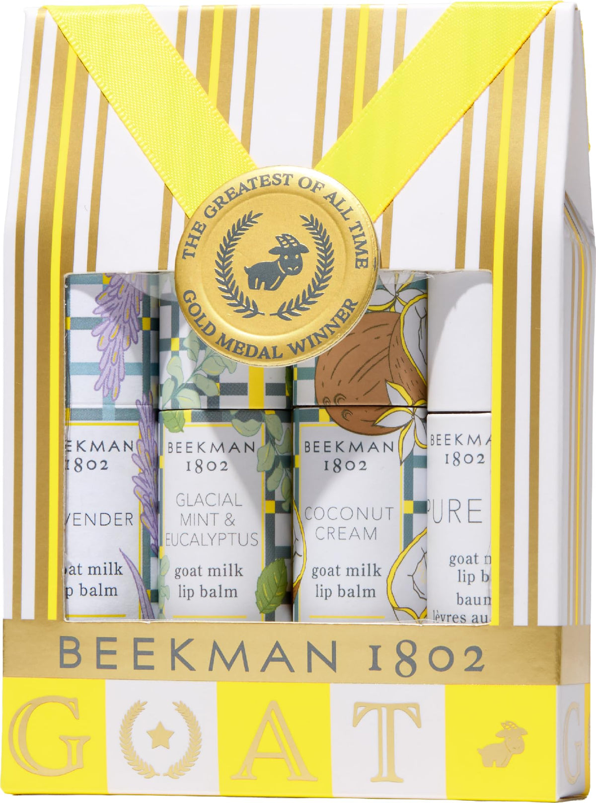 Beekman 1802 Goat Milk Lip Balm pack shot showing the four tubes for daily hydration.